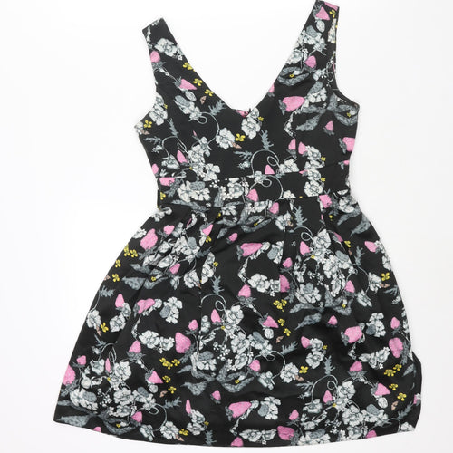 Monsoon Womens Black Floral Polyester A-Line Size 10 V-Neck Zip - Belted