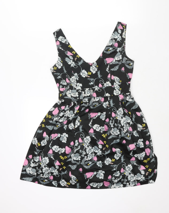 Monsoon Womens Black Floral Polyester A-Line Size 10 V-Neck Zip - Belted