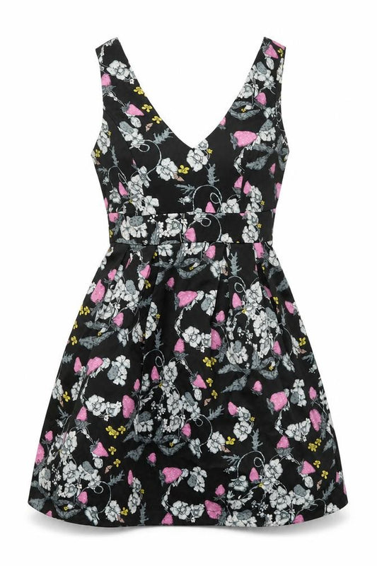 Front view of Monsoon women’s black floral polyester a-line, size UK 10, v-neck zip - belted