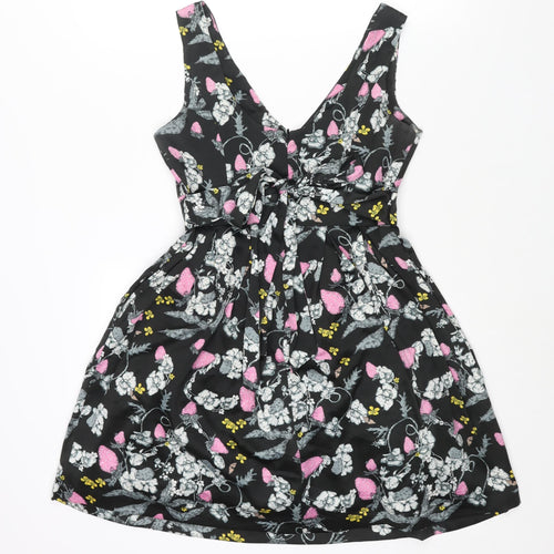 Monsoon Womens Black Floral Polyester A-Line Size 10 V-Neck Zip - Belted