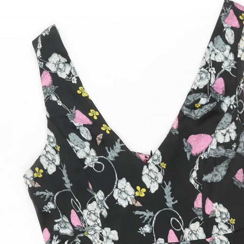 Monsoon Womens Black Floral Polyester A-Line Size 10 V-Neck Zip - Belted