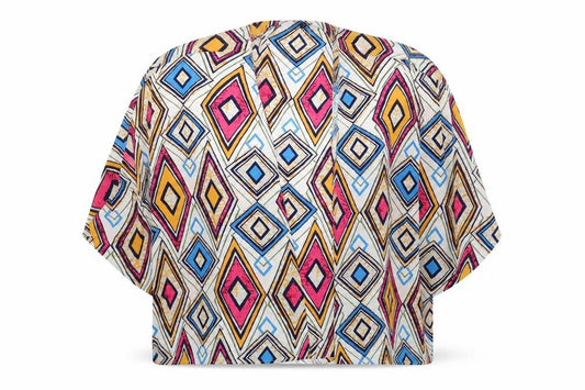 Front view of Next women’s multicoloured geometric polyester kimono blouse, size UK 12, v-neck