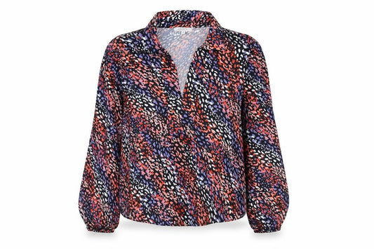 Front view of Zibi London women’s multicoloured animal print polyester basic blouse, size UK 14, collared - cheetah print
