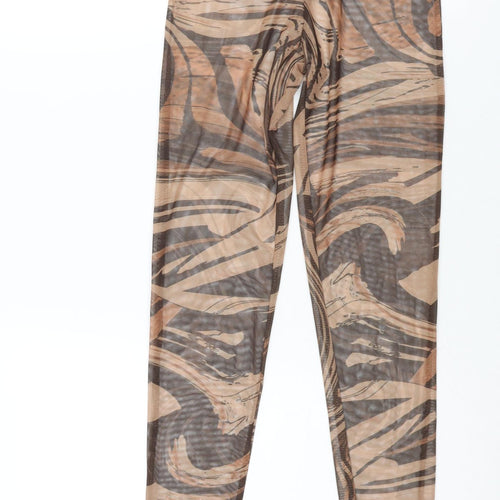PRETTYLITTLETHING Womens Brown Geometric Polyester Cropped Leggings Size 6 L29 in - Elasticated Semi Sheer