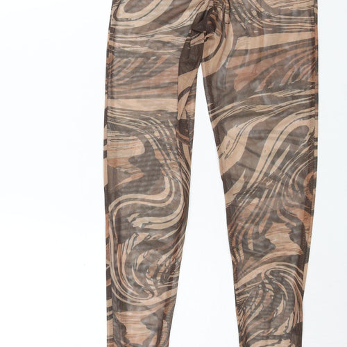 PRETTYLITTLETHING Womens Brown Geometric Polyester Cropped Leggings Size 6 L29 in - Elasticated Semi Sheer