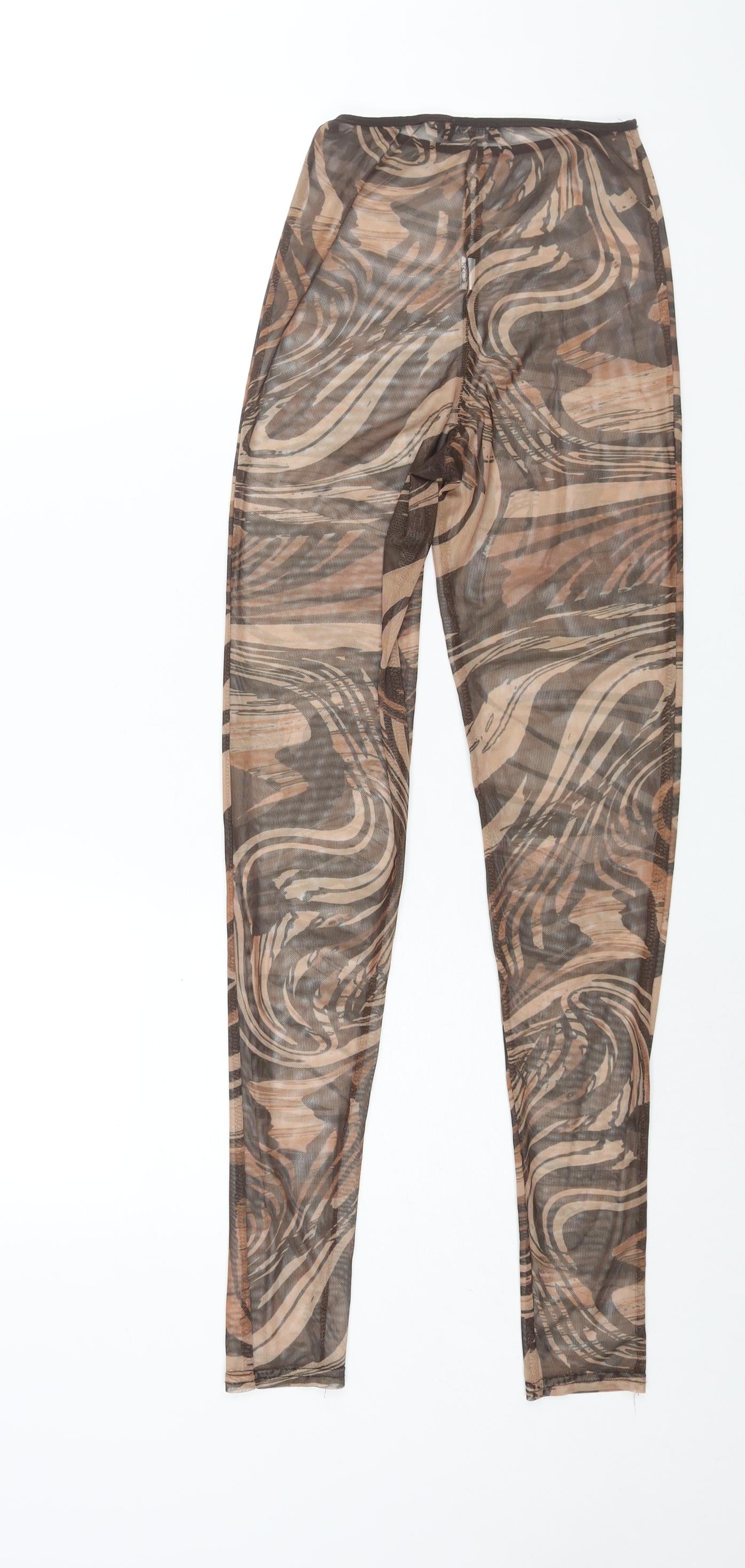 PRETTYLITTLETHING Womens Brown Geometric Polyester Cropped Leggings Size 6 L29 in - Elasticated Semi Sheer