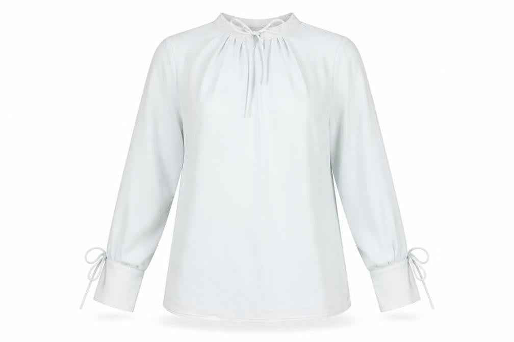 Front view of H&M women’s blue polyester basic blouse, size XS, mock neck - keyhole neck