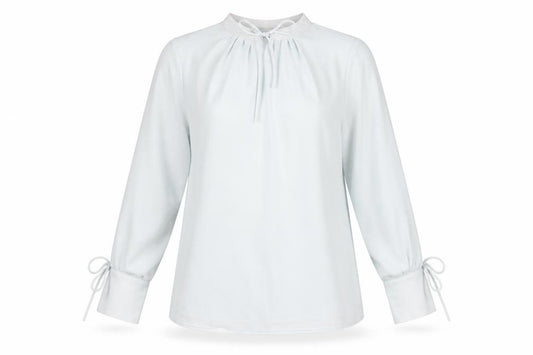 Front view of H&M women’s blue polyester basic blouse, size XS, mock neck - keyhole neck