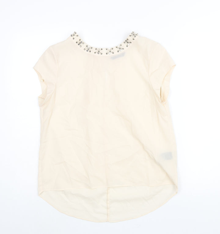 Marina Kaneva Womens Ivory Polyester Basic Blouse Size 12 Round Neck - Rhinestone Neckline