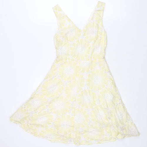 Traffic People Womens Yellow Floral Cotton Fit & Flare Size XS V-Neck Zip