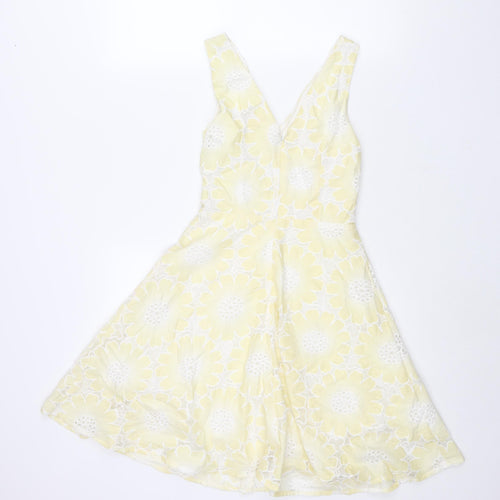 Traffic People Womens Yellow Floral Cotton Fit & Flare Size XS V-Neck Zip