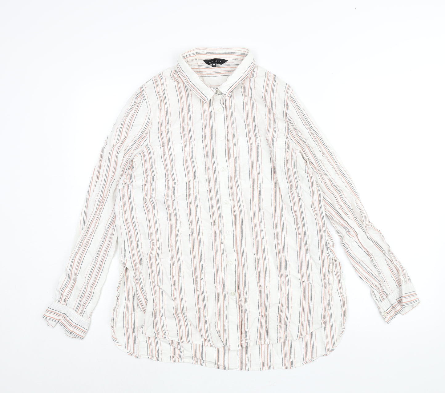 New Look Womens White Striped Cotton Basic Button-Up Size 14 Collared