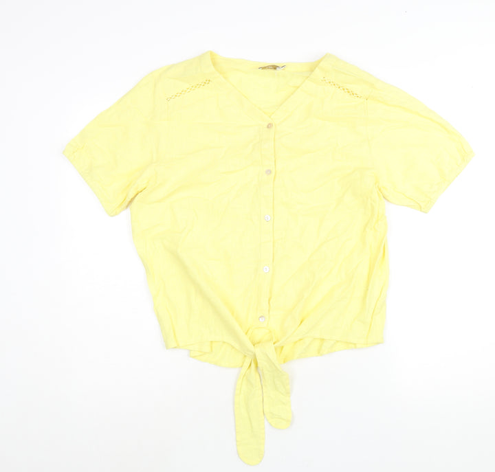 Cotton Traders Womens Yellow Cotton Basic Button-Up Size 14 V-Neck - Tie Detail