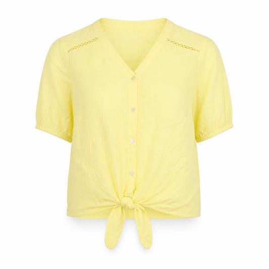Front view of Cotton Traders women’s yellow cotton basic button-up, size UK 14, v-neck - tie detail