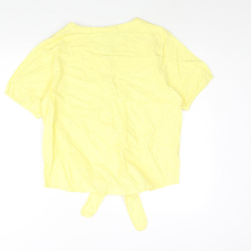 Cotton Traders Womens Yellow Cotton Basic Button-Up Size 14 V-Neck - Tie Detail