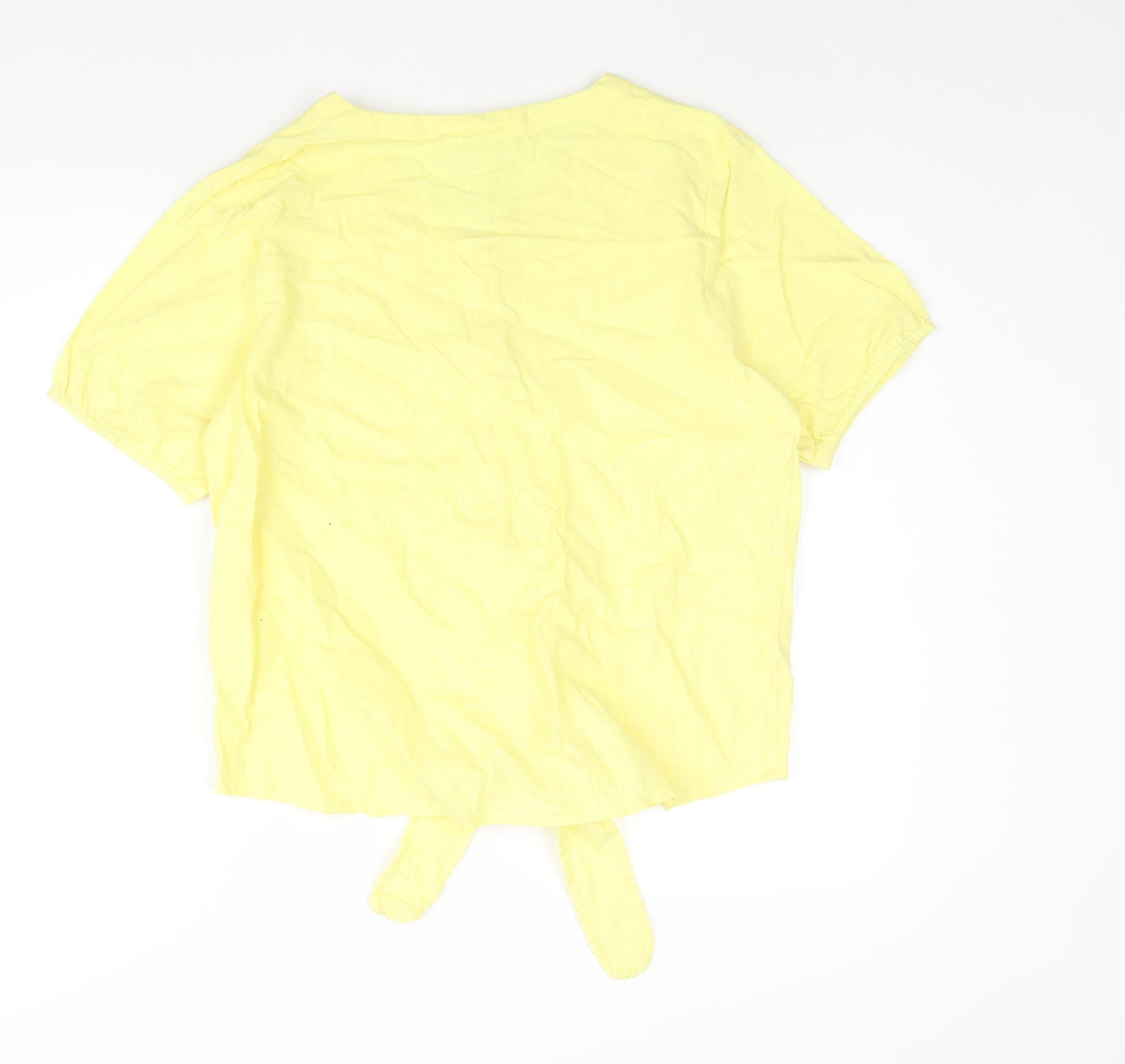 Cotton Traders Womens Yellow Cotton Basic Button-Up Size 14 V-Neck - Tie Detail