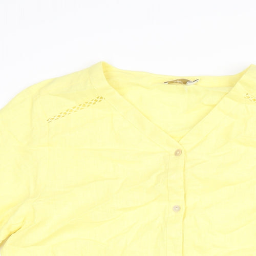 Cotton Traders Womens Yellow Cotton Basic Button-Up Size 14 V-Neck - Tie Detail