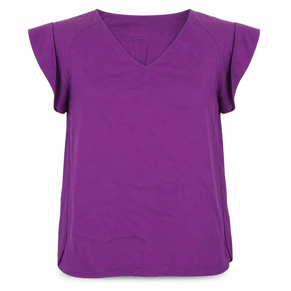 Front view of River Island women’s purple polyester basic blouse, size UK 14, v-neck