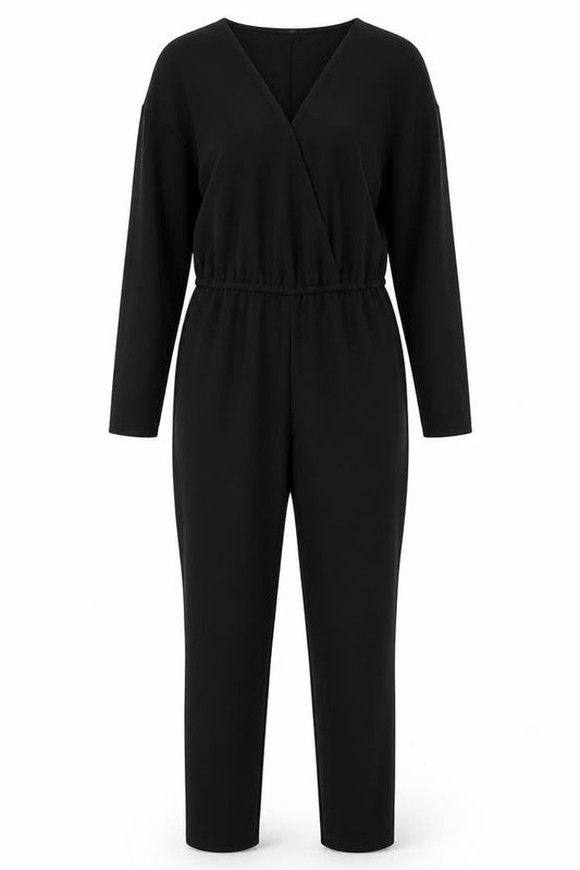 Front view of H&M women’s black polyester jumpsuit one-piece, size UK 8, 28-inch leg button