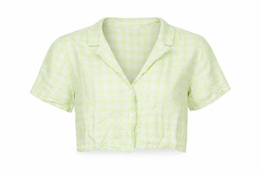 Front view of Divided by H&M women’s green check cotton cropped button-up, size UK 12, collared