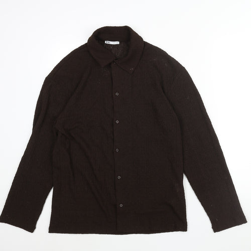 Zara Mens Brown Polyester Button-Up Size S Collared Button - Textured