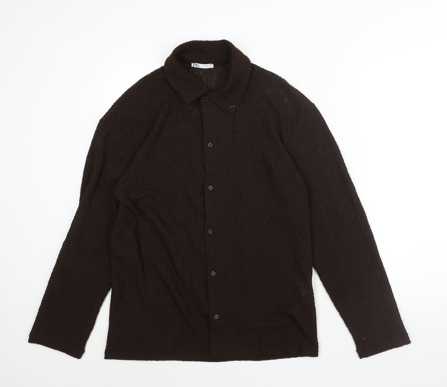 Zara Mens Brown Polyester Button-Up Size S Collared Button - Textured