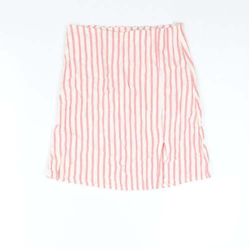 Boohoo Womens White Striped Cotton Mini Skirt Size 14 Zip - Front Slit