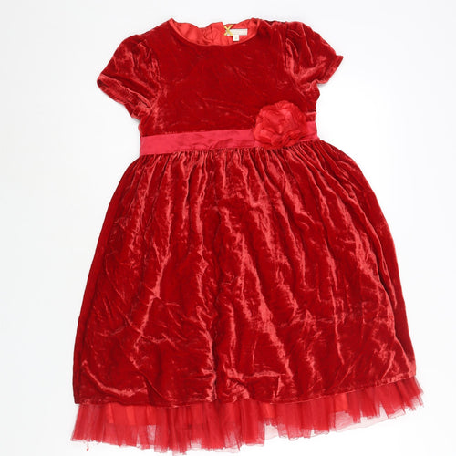 John Lewis Girls Red Viscose Fit & Flare Size 8 Years Round Neck Zip - Flower Belt Detail Tulle Underskirt