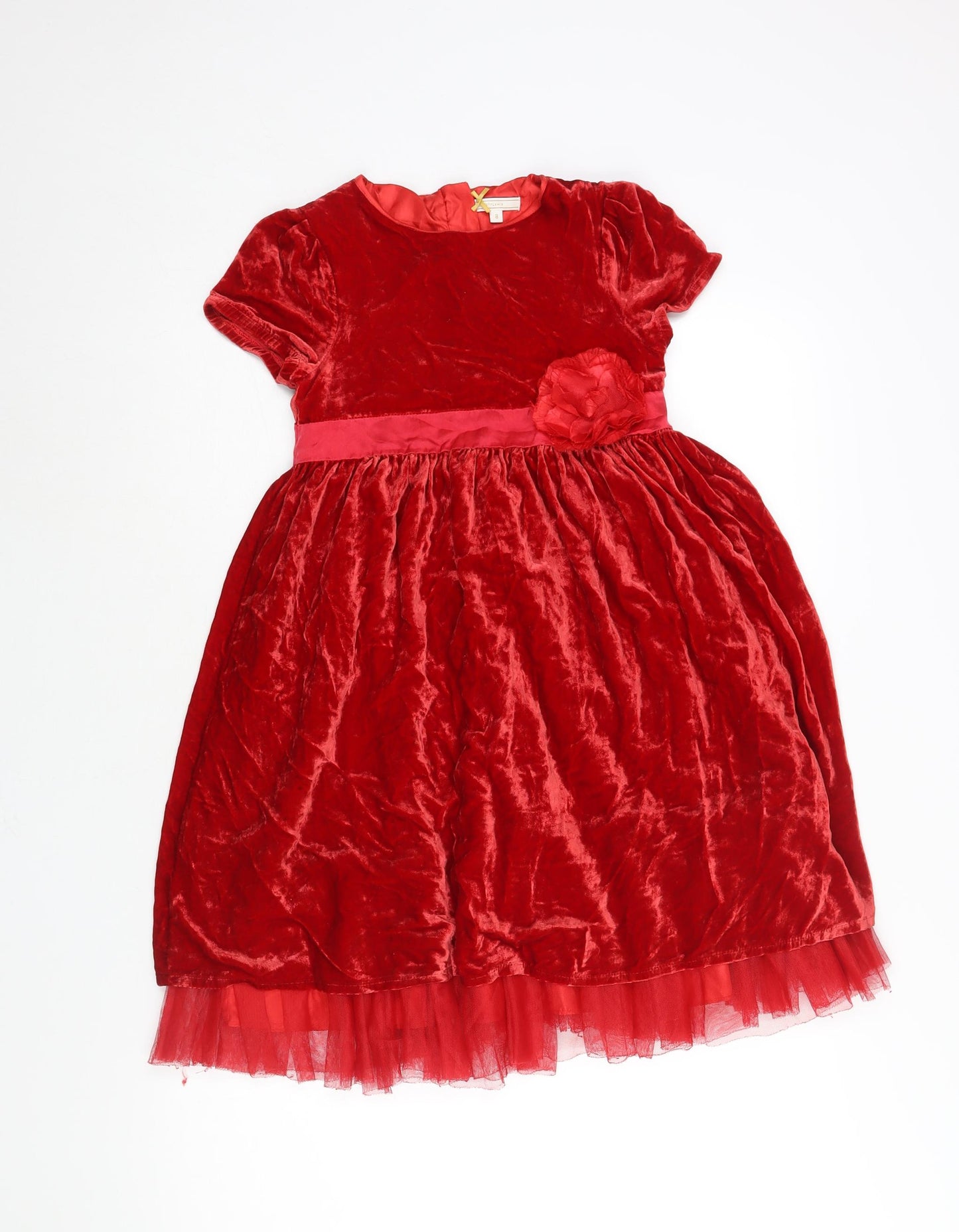 John Lewis Girls Red Viscose Fit & Flare Size 8 Years Round Neck Zip - Flower Belt Detail Tulle Underskirt