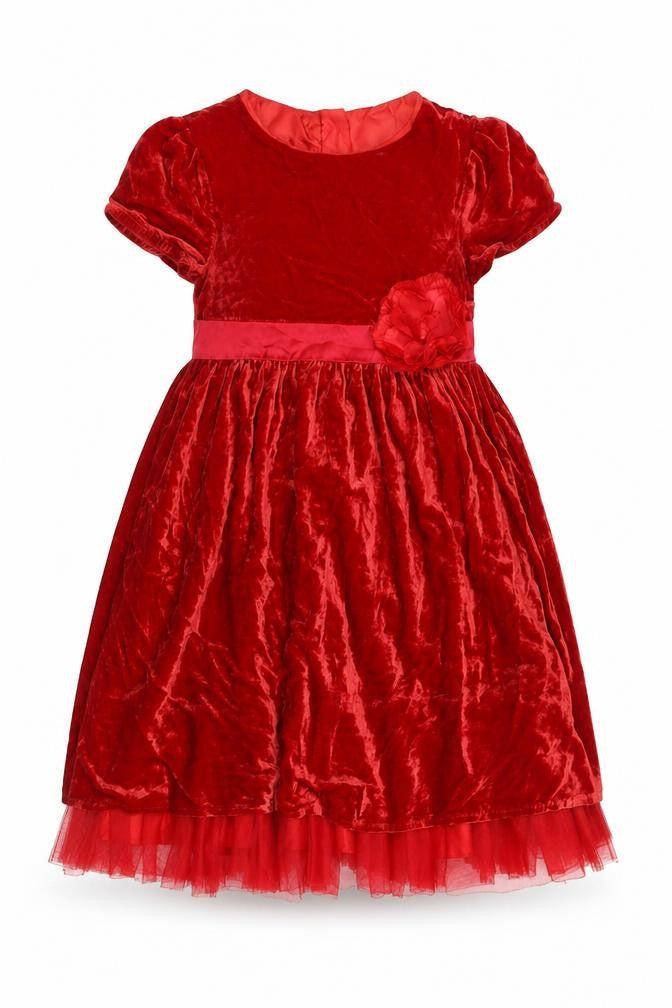 John Lewis Girls Red Viscose Fit & Flare Size 8 Years Round Neck Zip - Flower Belt Detail Tulle Underskirt