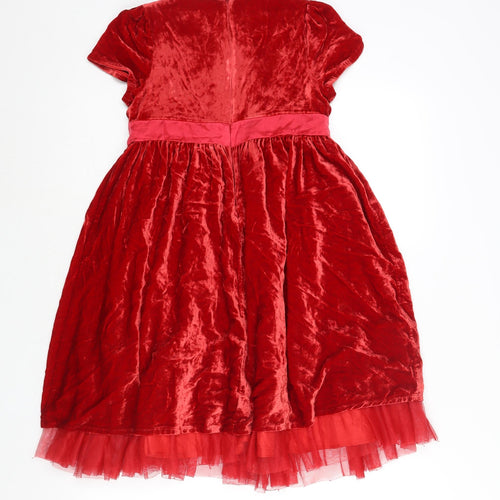 John Lewis Girls Red Viscose Fit & Flare Size 8 Years Round Neck Zip - Flower Belt Detail Tulle Underskirt