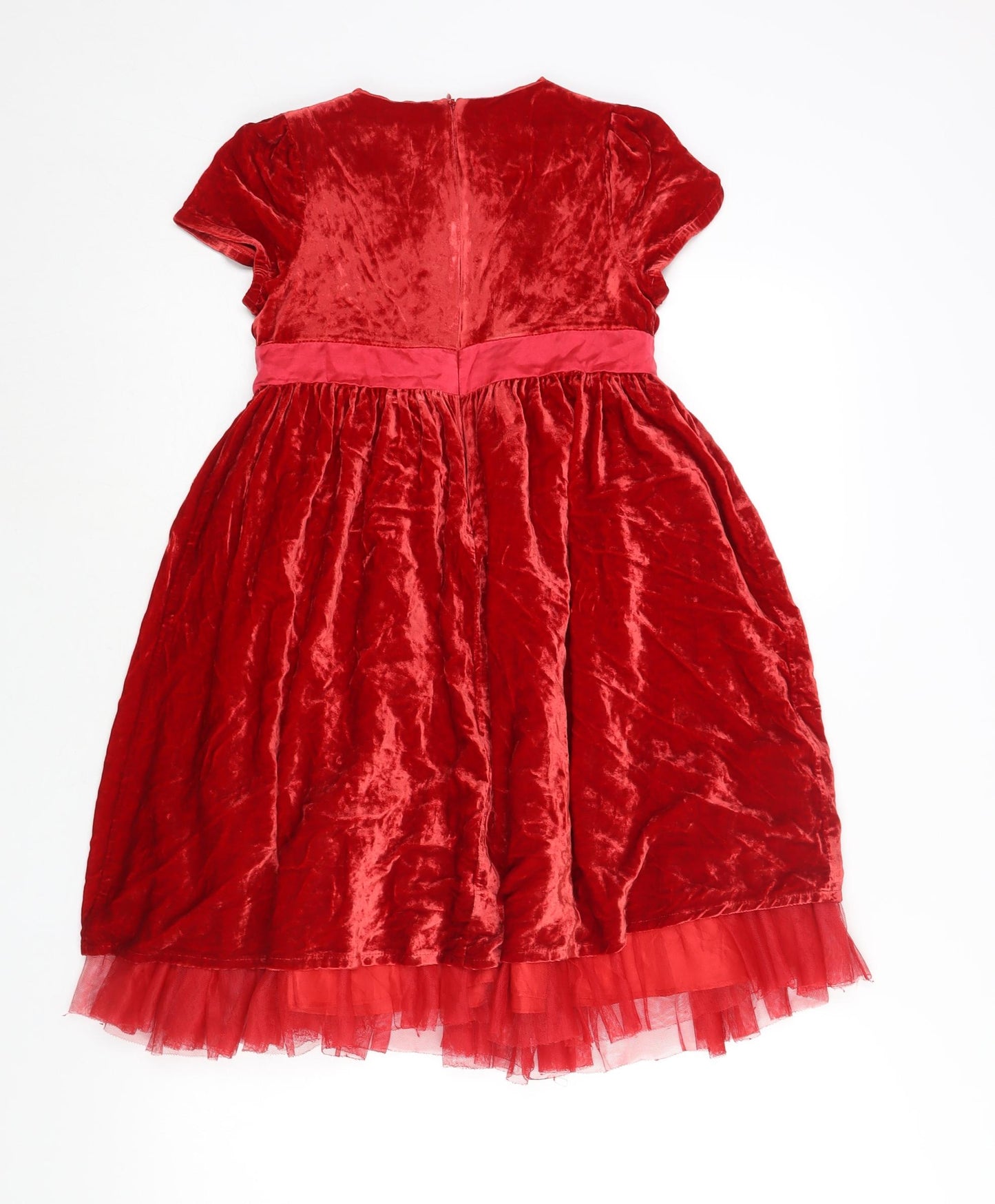 John Lewis Girls Red Viscose Fit & Flare Size 8 Years Round Neck Zip - Flower Belt Detail Tulle Underskirt