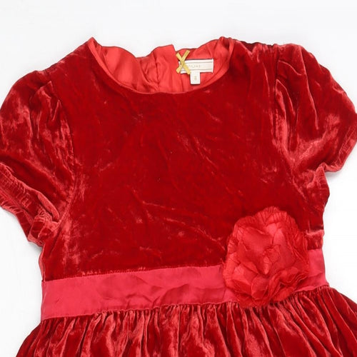 John Lewis Girls Red Viscose Fit & Flare Size 8 Years Round Neck Zip - Flower Belt Detail Tulle Underskirt