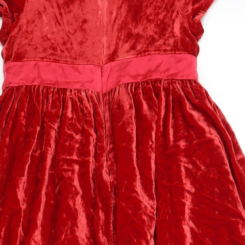 John Lewis Girls Red Viscose Fit & Flare Size 8 Years Round Neck Zip - Flower Belt Detail Tulle Underskirt