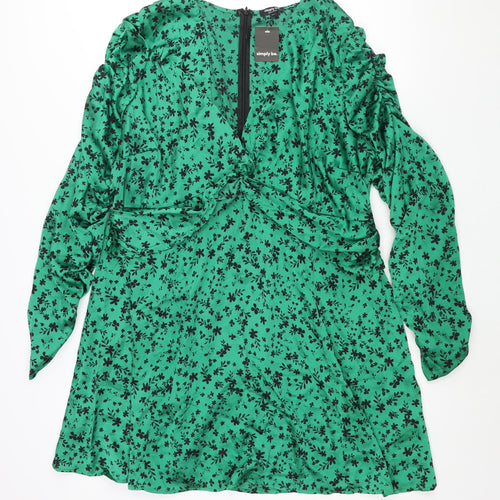 Simply Be Womens Green Floral Polyester A-Line Size 24 V-Neck Zip - Twist Detail Rouched Sleeve
