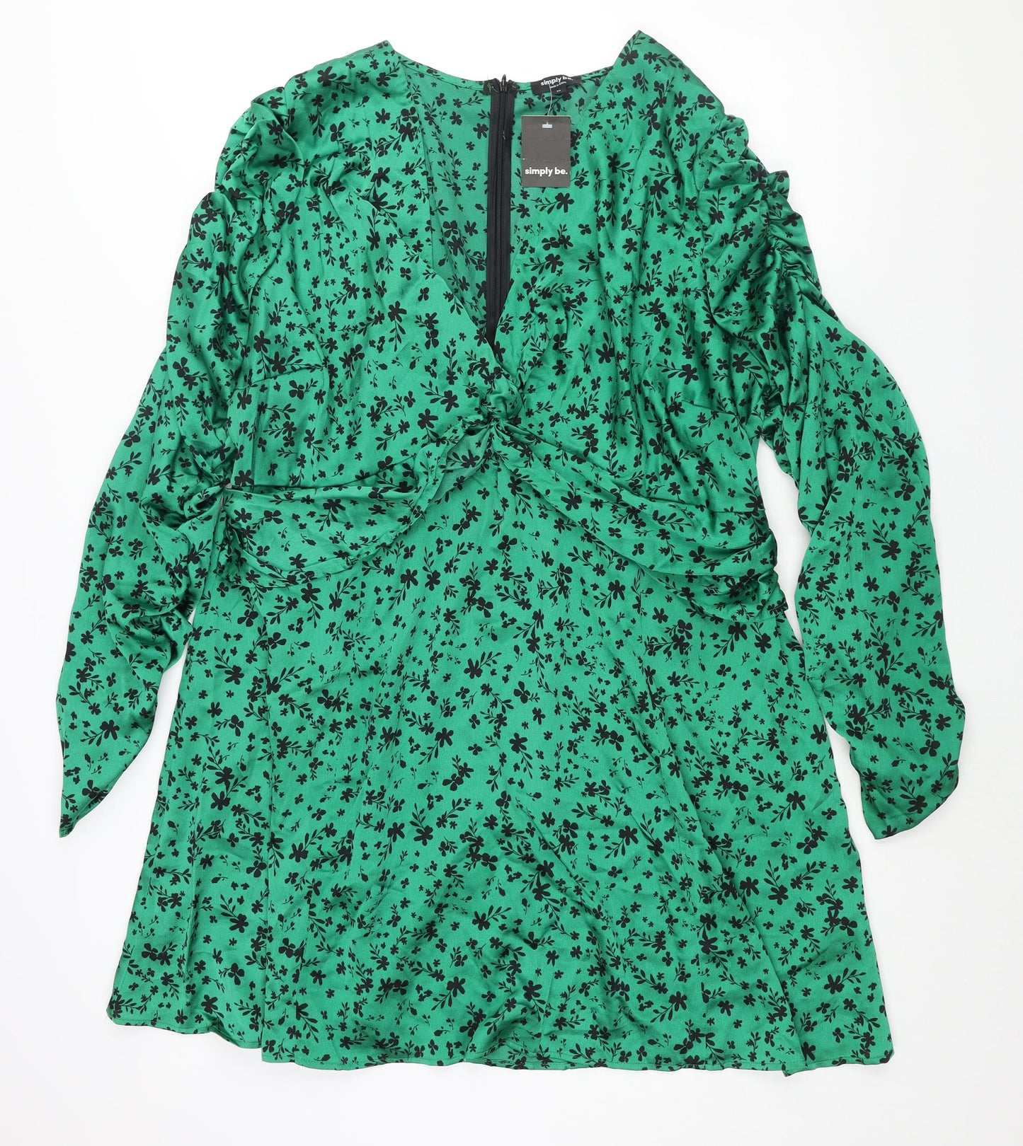 Simply Be Womens Green Floral Polyester A-Line Size 24 V-Neck Zip - Twist Detail Rouched Sleeve