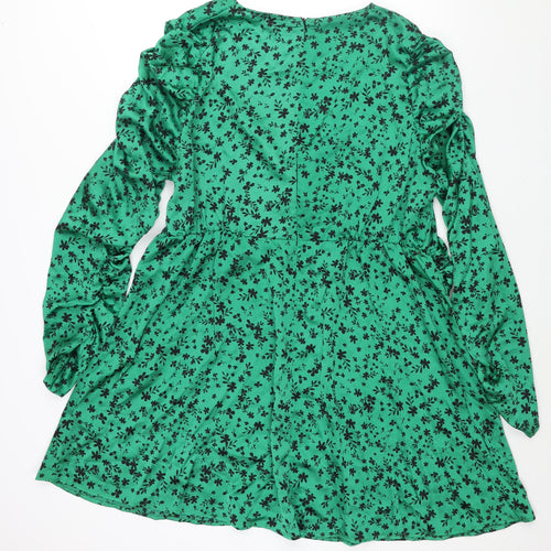 Simply Be Womens Green Floral Polyester A-Line Size 24 V-Neck Zip - Twist Detail Rouched Sleeve
