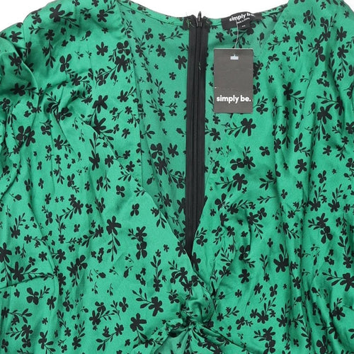 Simply Be Womens Green Floral Polyester A-Line Size 24 V-Neck Zip - Twist Detail Rouched Sleeve