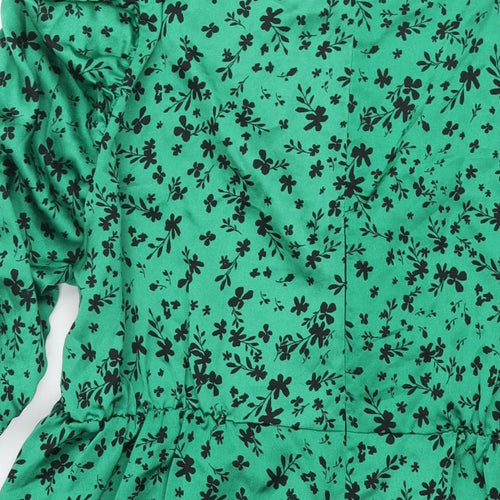 Simply Be Womens Green Floral Polyester A-Line Size 24 V-Neck Zip - Twist Detail Rouched Sleeve