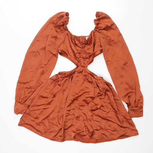 Saint Genies Womens Brown Polyester A-Line Size 8 Square Neck Zip - Rouched Cut Out