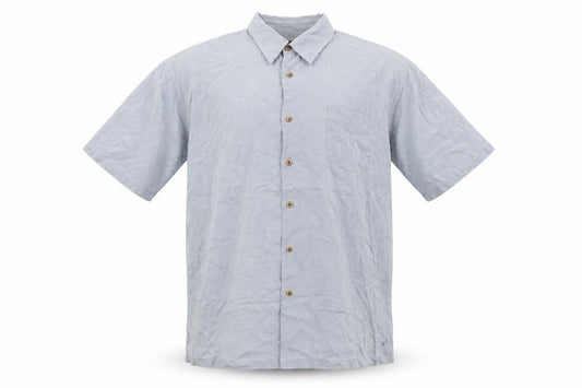 Front view of Saltaire men’s blue silk button-up, size XL, collared button - logo