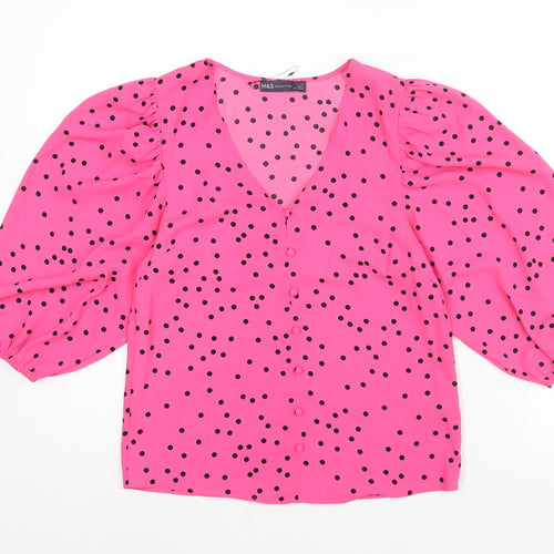 Marks and Spencer Womens Pink Polka Dot Polyester Basic Blouse Size 6 V-Neck