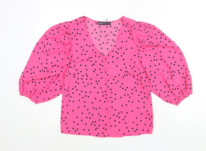 Marks and Spencer Womens Pink Polka Dot Polyester Basic Blouse Size 6 V-Neck