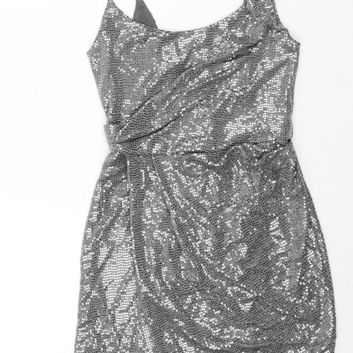 Topshop Womens Silver Nylon Mini Size 6 Scoop Neck Zip - Wrap Style Sequin