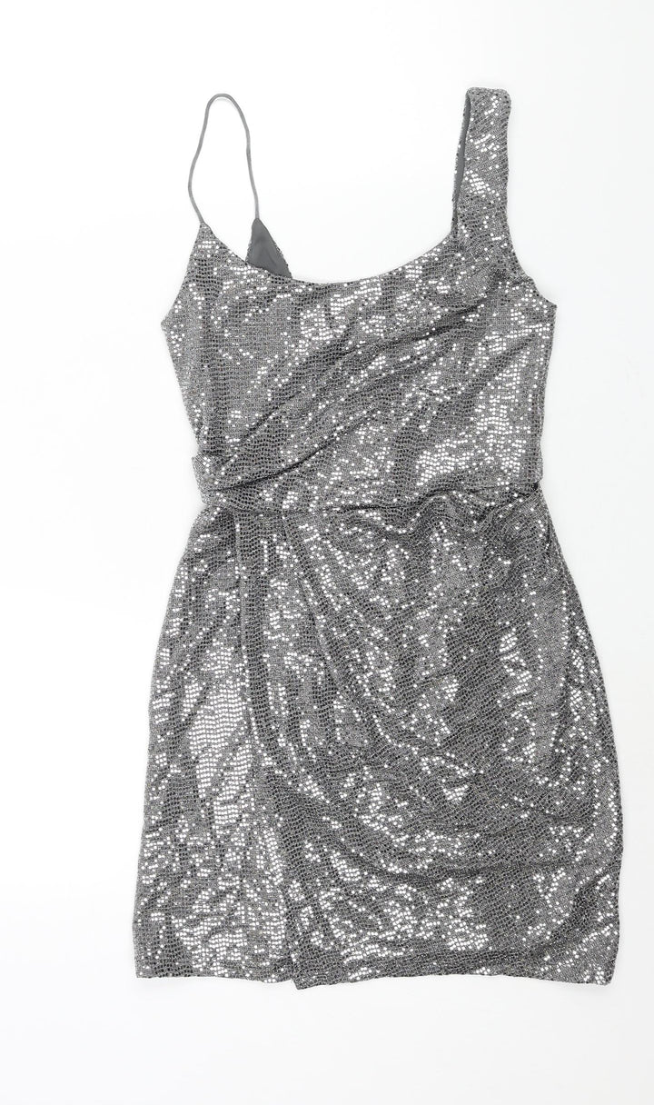 Topshop Womens Silver Nylon Mini Size 6 Scoop Neck Zip - Wrap Style Sequin