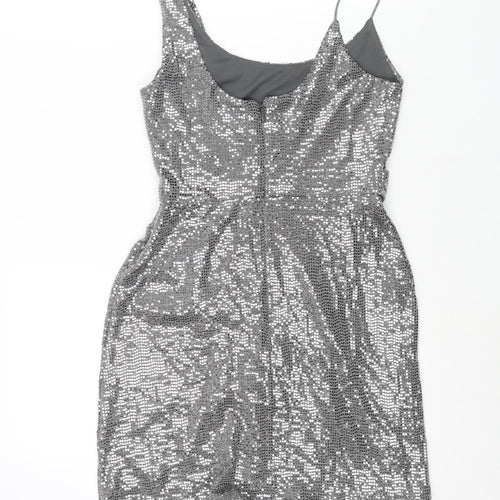 Topshop Womens Silver Nylon Mini Size 6 Scoop Neck Zip - Wrap Style Sequin