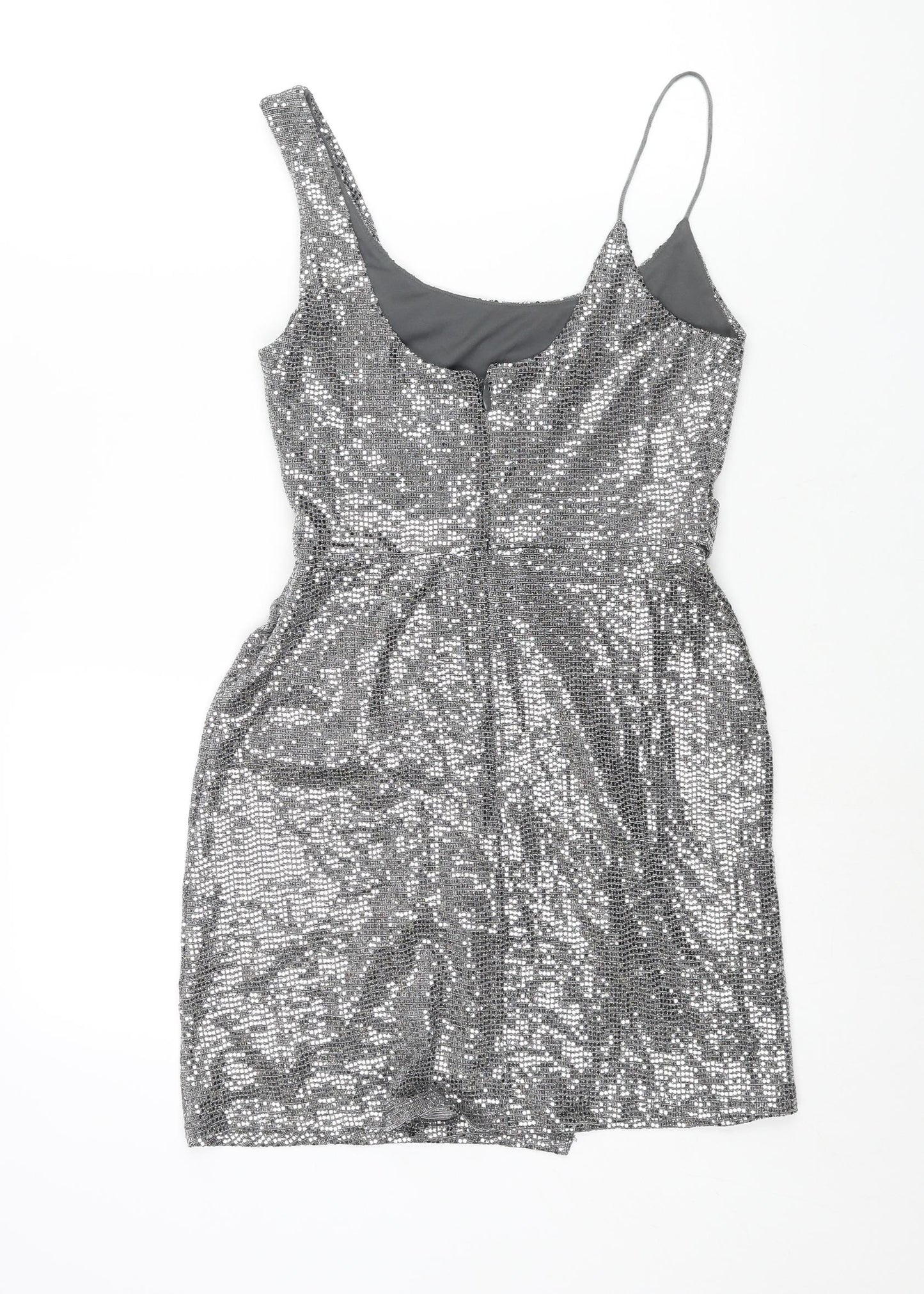 Topshop Womens Silver Nylon Mini Size 6 Scoop Neck Zip - Wrap Style Sequin
