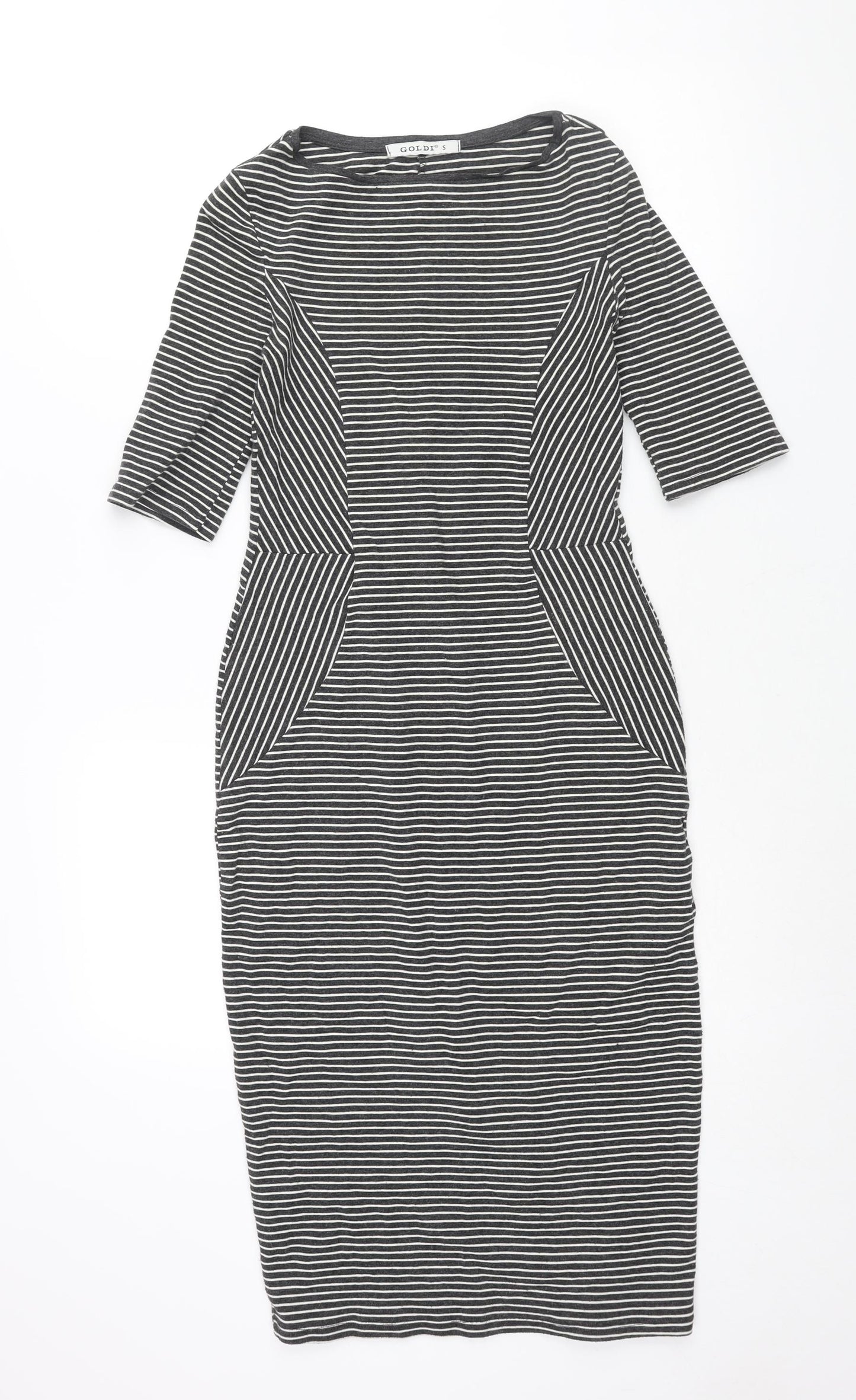 Goldi Womens Grey Striped Polyester Pencil Dress Size S Round Neck Pullover