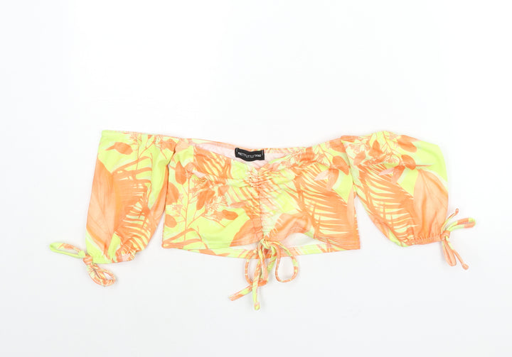 PRETTYLITTLETHING Womens Multicoloured Geometric Polyester Cropped Blouse Size 8 Off the Shoulder - Drawstring Detail
