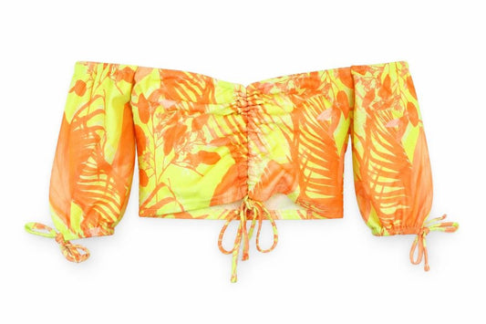 Front view of PRETTYLITTLETHING women’s multicoloured geometric polyester cropped blouse, off the shoulder - drawstring